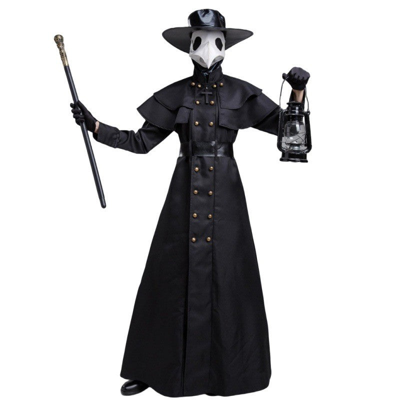 Plague Doctor Bird Cosplay Costume Medieval Hooded Robe Horrord Monk Steampunk Cloak Halloween Carnival Adult Kids Lantern Stick