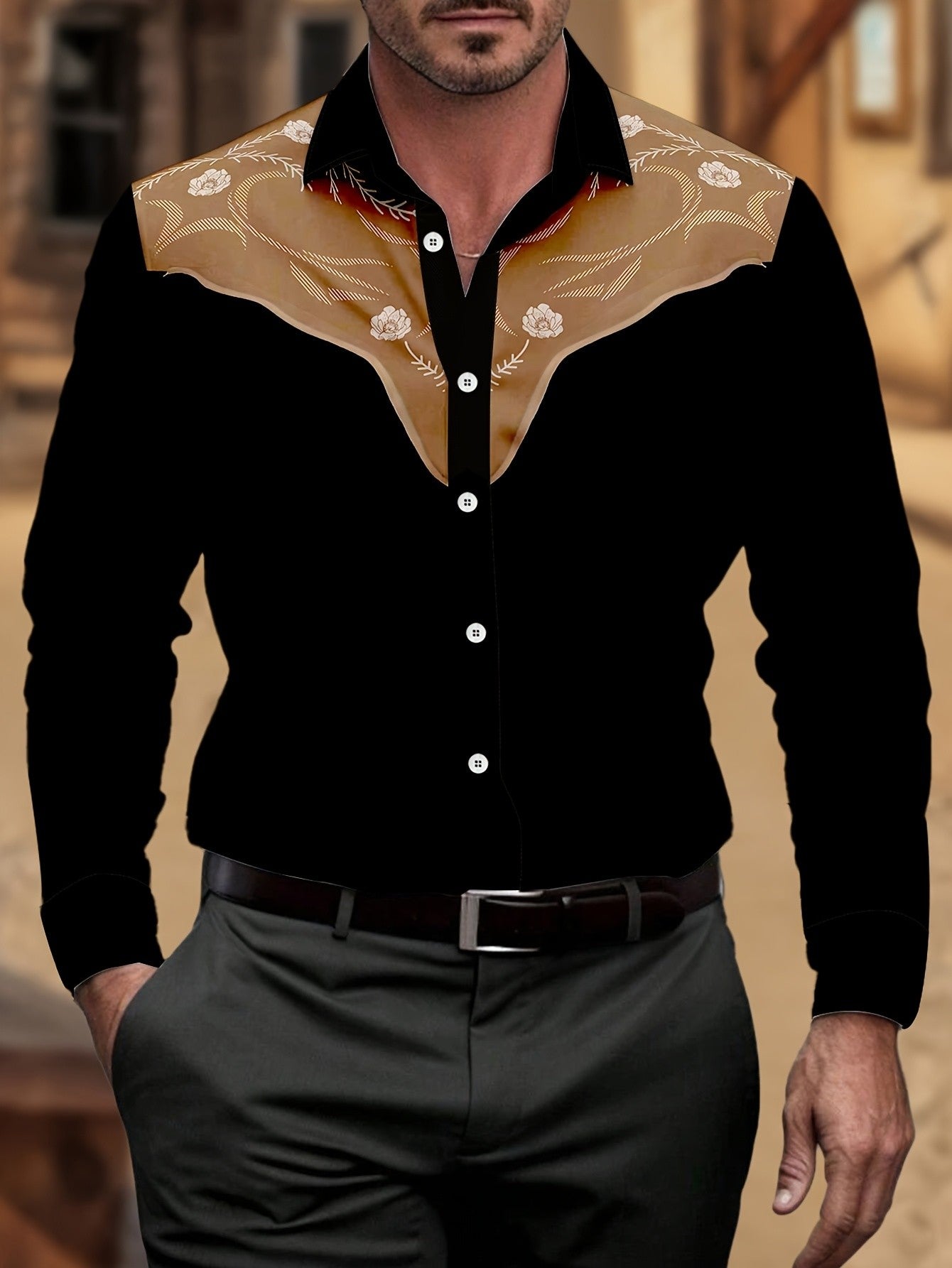 Spring and Autumn Cowboy Style Printed Men's Long Sleeve Shirt Men's Loose Fit Collar Top Casual Street Fashion Clothing