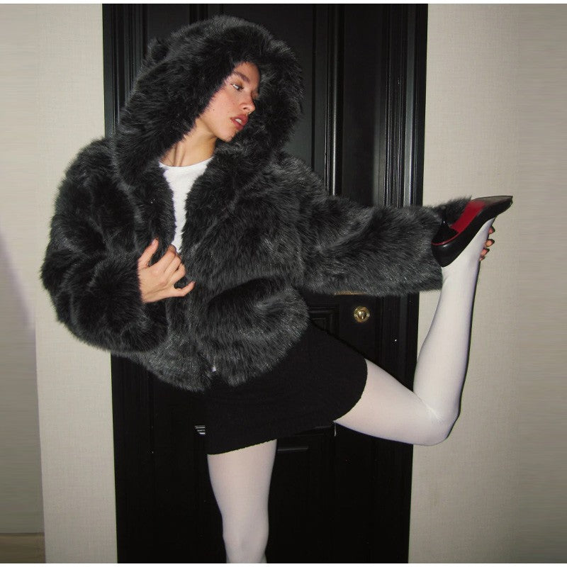 Warm Women's Hooded Faux Fur Cropped Coats Loose V-neck Full Sleeve Thicken Jacket Female 2025 Autumn Winter Lady Luxury Outwear