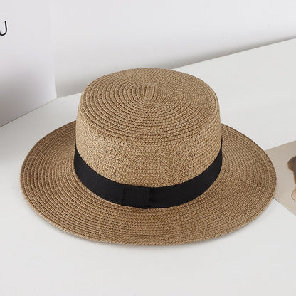 Chapéu de Sol Unissex de Verão com Topo Plano para Mulheres e Homens, Cor Sólida, Aba Larga, Fita Preta, Chapéu de Palha de Praia Dobrável, Bonés Frescos para Férias