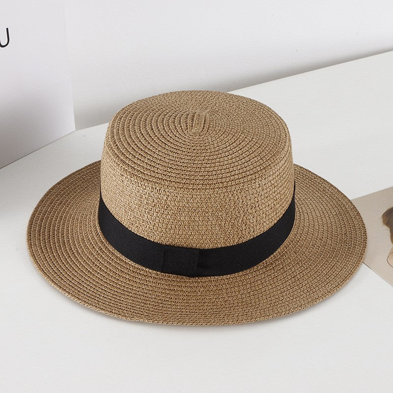 Chapéu de Sol Unissex de Verão com Topo Plano para Mulheres e Homens, Cor Sólida, Aba Larga, Fita Preta, Chapéu de Palha de Praia Dobrável, Bonés Frescos para Férias