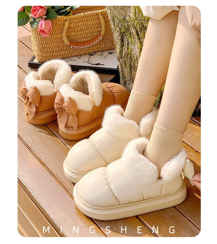Cute Warm Ankle Boots Winter Women's Bow Warmth Plush Bow Cotton Shoes 2025 New Waterproof Down Cloth Short Barrel Snow Boots