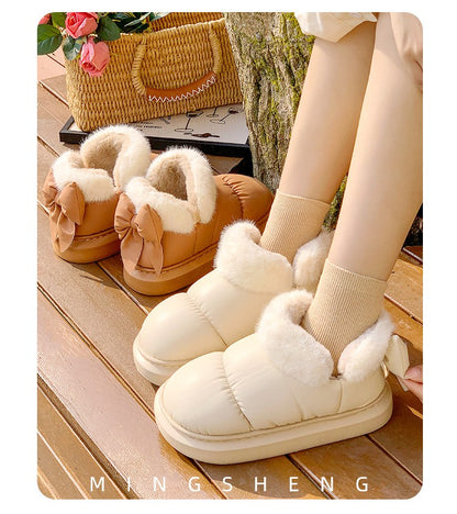 Cute Warm Ankle Boots Winter Women's Bow Warmth Plush Bow Cotton Shoes 2025 New Waterproof Down Cloth Short Barrel Snow Boots