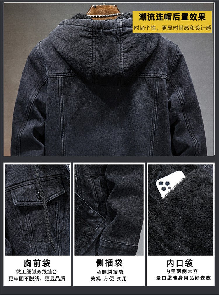 Thicker Winter Jacket Men Warmer Hooded Denim Lambswool Hooded and Padded Denim Jacket Imitation Lamb Wool Fleece Mens Clothes