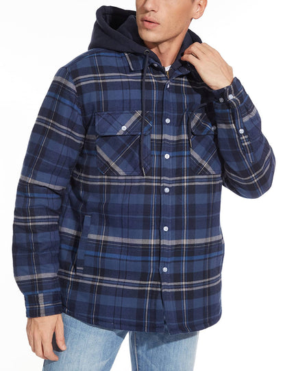MAGCOMSEN Men's Flannel Jacket with Removable Hood 5 Pockets Plaid Quilted Lined Winter Coats Thick Hoodie Outwear Fleece Jacket