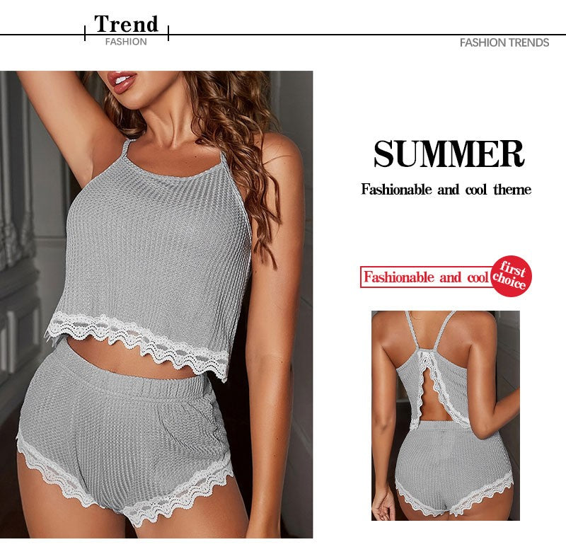 Soft Comfortable Women Sleeveless T-Shirts and Shorts Loose Home Wear Underwear Sexy Lace Pajamas Set