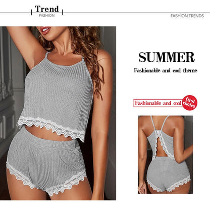 Soft Comfortable Women Sleeveless T-Shirts and Shorts Loose Home Wear Underwear Sexy Lace Pajamas Set