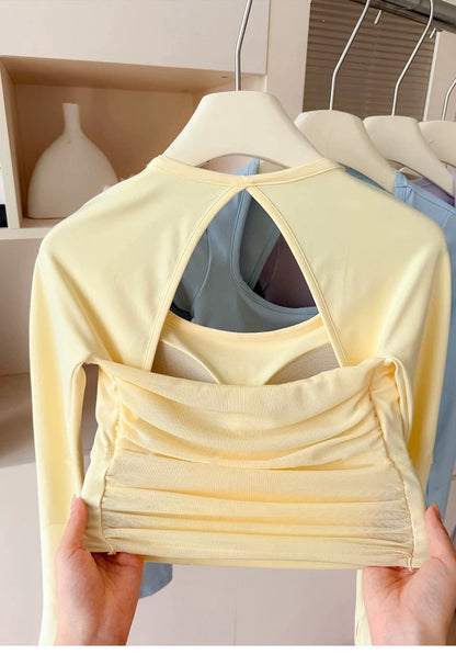 Women's Long-Sleeve Sports Top with Chest Pads, Yoga Wear, Pilates Training Fitness Apparel, Running