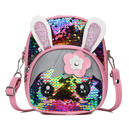Mochila de Coelho com Lantejoulas para Meninas, Pré-escola, Ensino Fundamental, Formato de Coelho para Crianças, Material Escolar com Orelhas