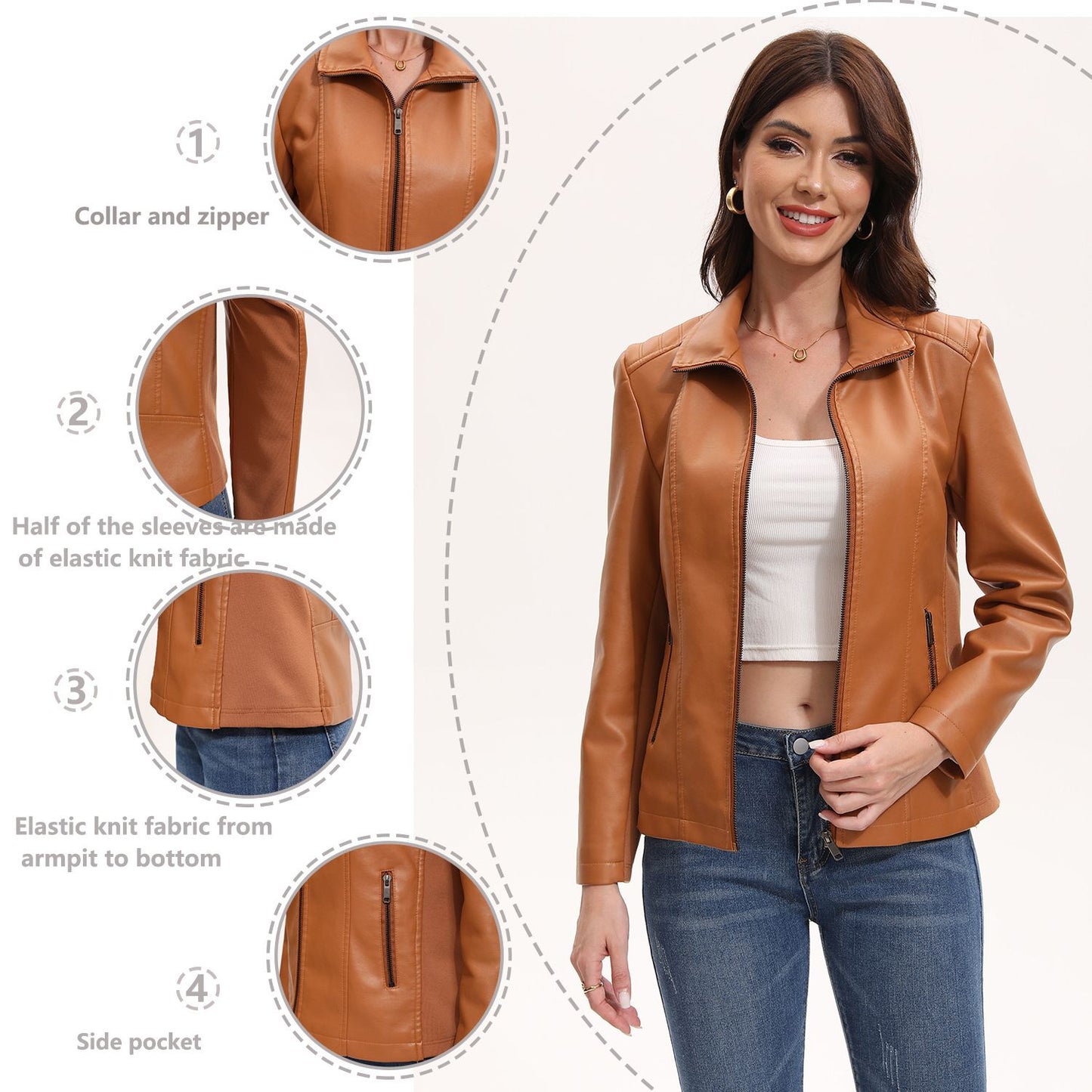 2025 Women’s Stylish Brown Faux Leather Jacket - Slim Fit, Trendy Moto Style with Zipper Detail PU Coat.