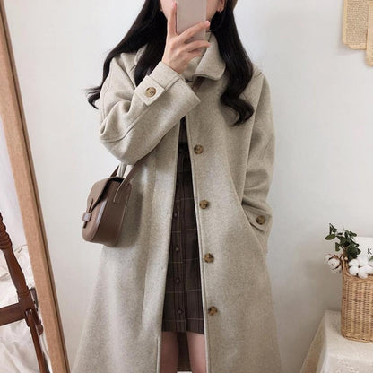 Japanese Style Women Woolen Coat Turn-down Collar Single-breasted Pockets Women Overcoat Front Placket Cardigan Thick Wool Coat