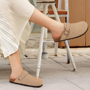 Crestar Women Cow Suede Clogs Cork Footbed Leather Mules Lady Outdoor Comfort Arch Support Potato Shoes With Adjustable Strap