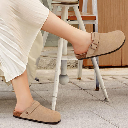 Crestar Women Cow Suede Clogs Cork Footbed Leather Mules Lady Outdoor Comfort Arch Support Potato Shoes With Adjustable Strap