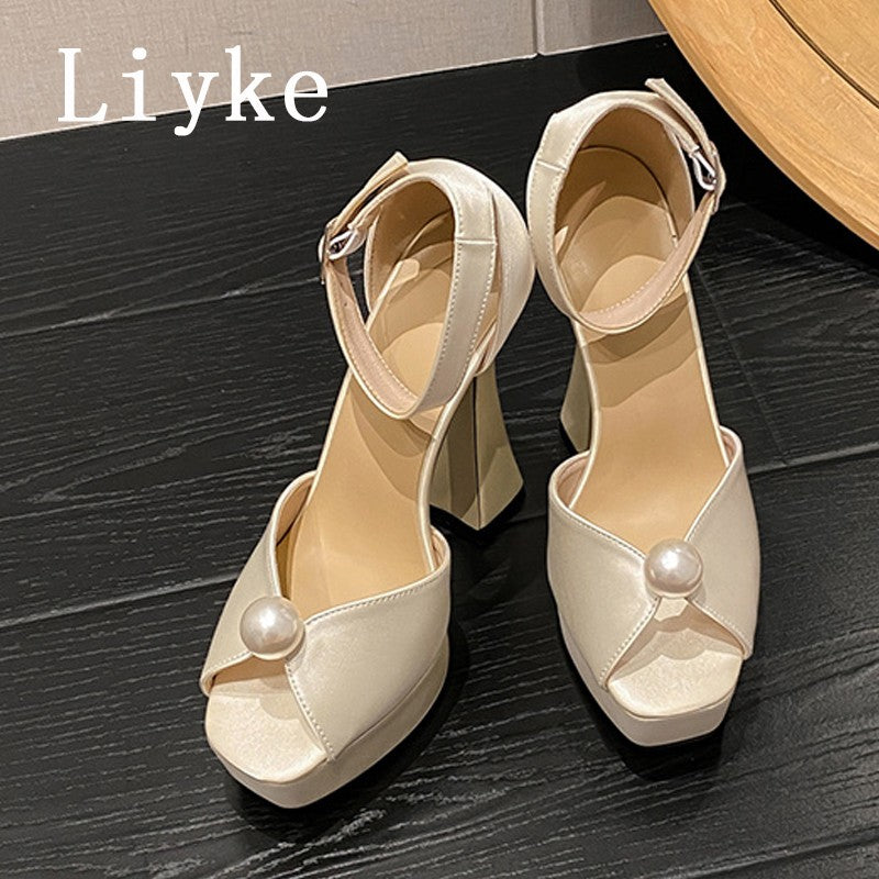 Liyke Sexy 13.5CM Super High Heels Platform Sandals Women Summer Fashion White Pearl Peep Toe Wedding Banquet Shoe Zapatos Mujer