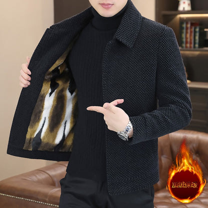 Korean Winter Woolen Jacket Men Plush and Warm Short Trench Coat Plaid Casual Business Streetwear Overcoat Social Men Clothing