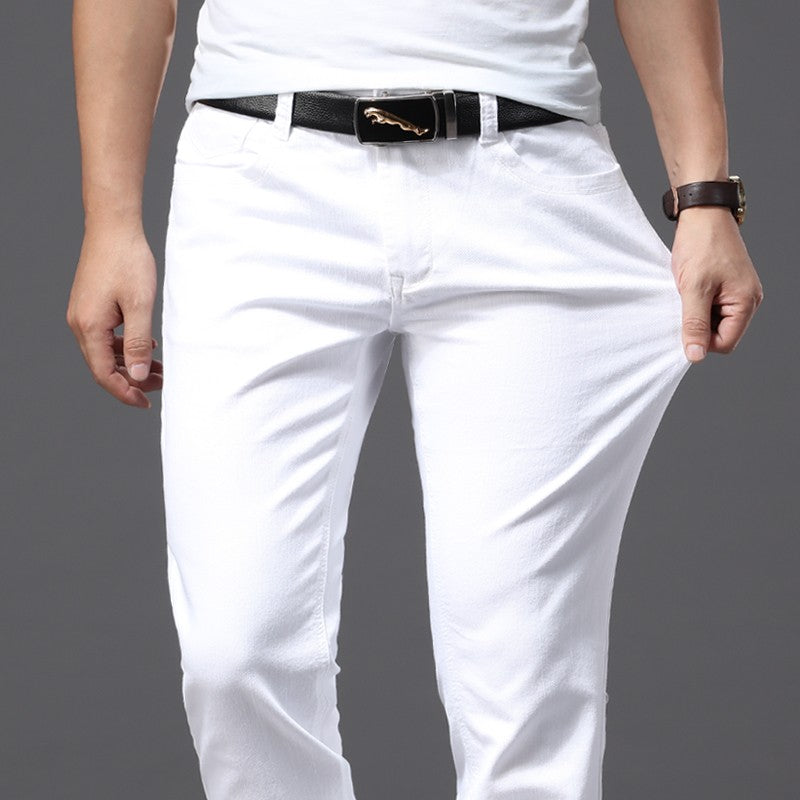 Calça Jeans Masculina Branca Casual Clássica Slim Fit Macia Marca Masculina Avançada Stretch
