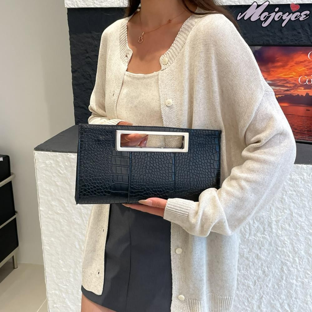 Women Crocodile Pattern PU Leather Clutch Purse Metal Grip Handle Tote Handbag Trendy Evening Bags Chic Black Envelope Party Bag