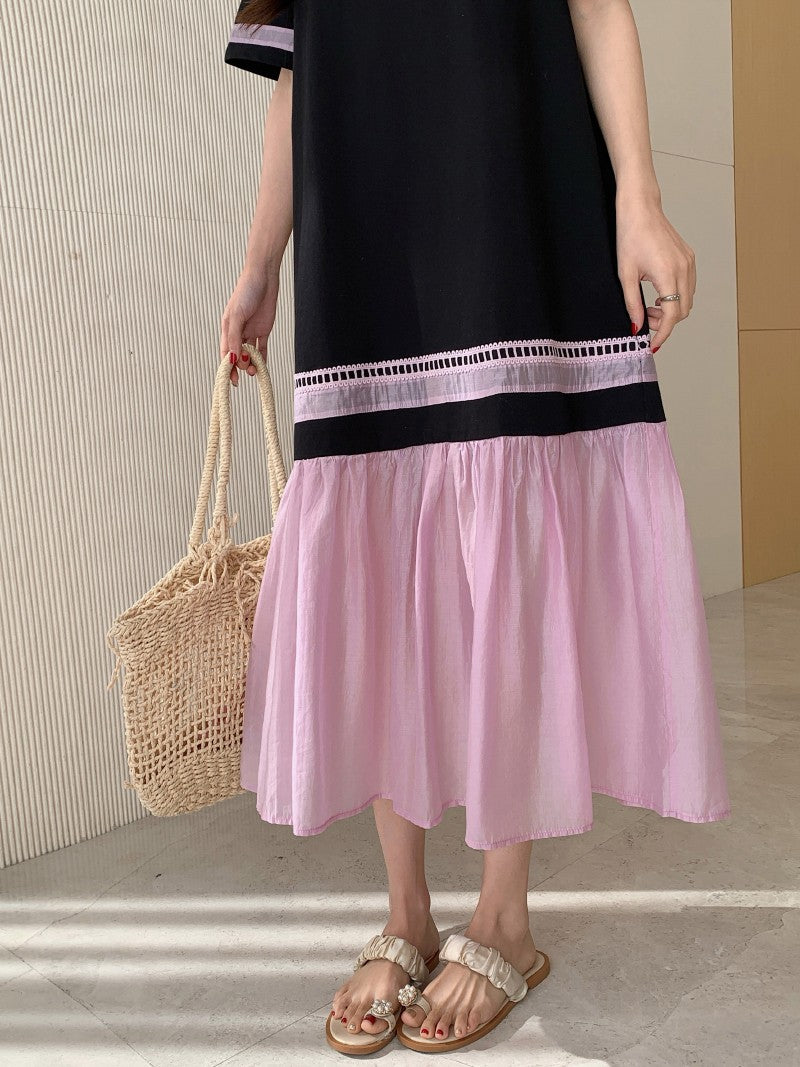 NYFS 2025 Summer Dress Loose plus Size Black Patchwork Pink Hem Long Dresses Robe Elbise Short Sleeve Korean Style Woman Dress
