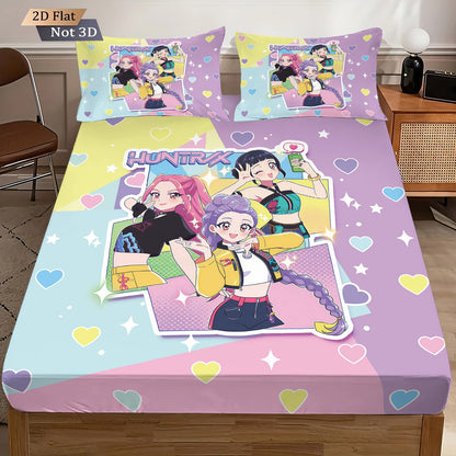 3 Peças K-Pop Caça-Demônios Estampa Lençol Sem Elástico Conjunto de Lençol Multi Tamanho Capa de Cama Macia Decoração de Quarto Lavável à Máquina
