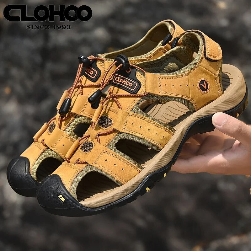 Fashion Men Genuine Leather Shoes 2025 Summer Non Slip Outdoor Water Walking Hiking Trekking Shoes Comfortable Casual Sneakers