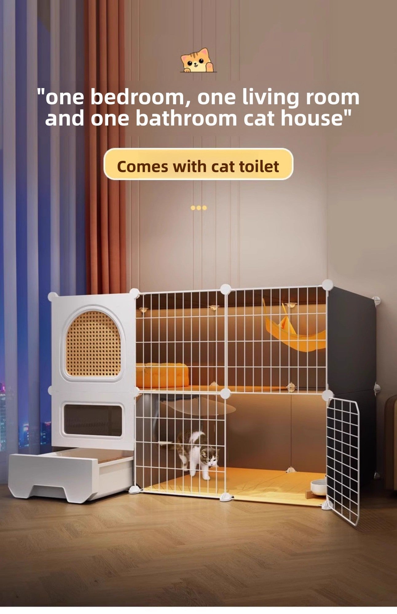 Gaiolas Grandes para Gatos com Cama e Caixa de Areia Casa de Gatos Interna de Vários Níveis Espaçosa Vila para Animais de Estimação 3 em 1 Cercadinho Espaçoso com Área de Descanso