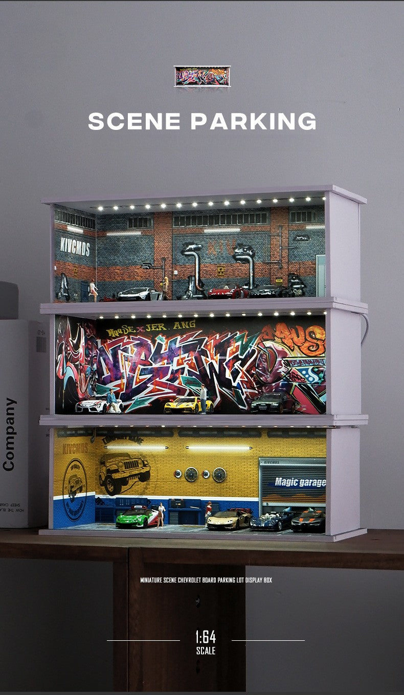 Estacionamento Simulado 1:64 com Luzes Cena em Miniatura Garagem de Brinquedo para Meninos Suporte de Exibição de Carros Coleção Infantil