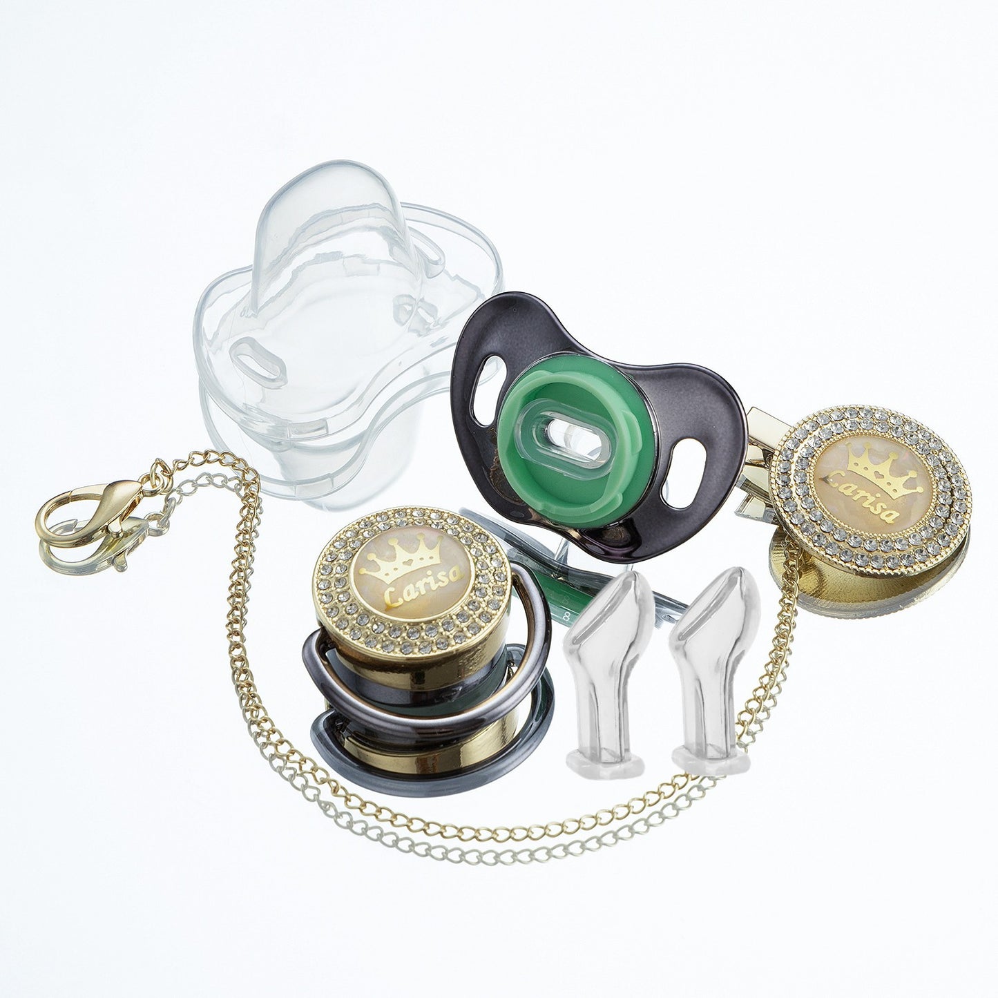 Miyocar Bling Custom Pink Brave Lion Pacifiers Bring 3 Replacement Silicone Teat Include All Size for Boy Girl Baby Shower Gift