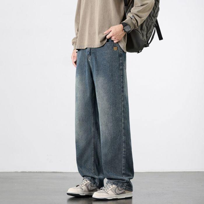 Calça Jeans Masculina Reta Vintage de Primavera Outono Calça Casual de Alta Qualidade Masculina Coreana Moderna Folgada de Perna Larga
