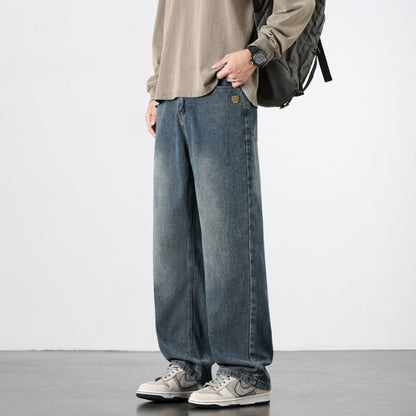 Calça Jeans Masculina Reta Vintage de Primavera Outono Calça Casual de Alta Qualidade Masculina Coreana Moderna Folgada de Perna Larga