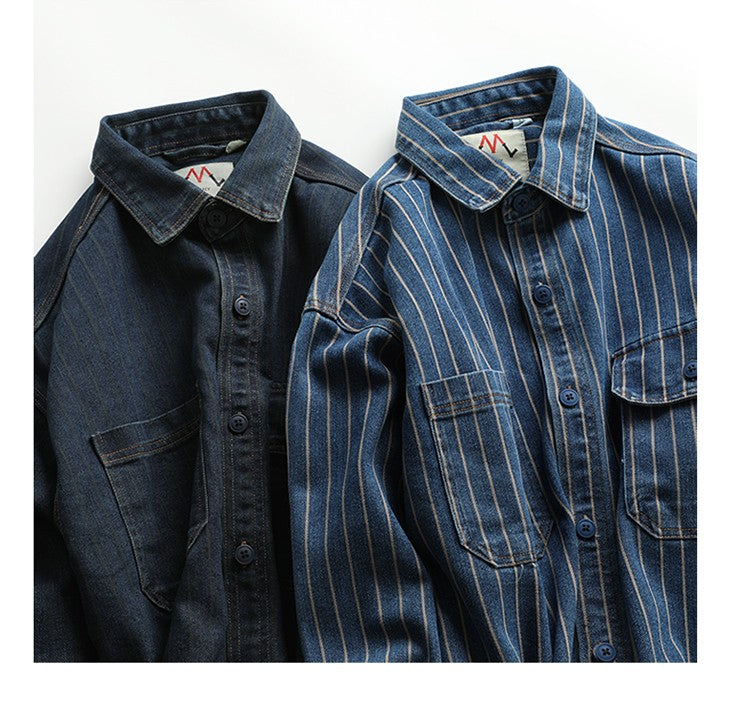 American Retro Workwear Long Sve Denim irt Loose Casual Striped ket irt Youth Trend Autumn Wear Iron Free