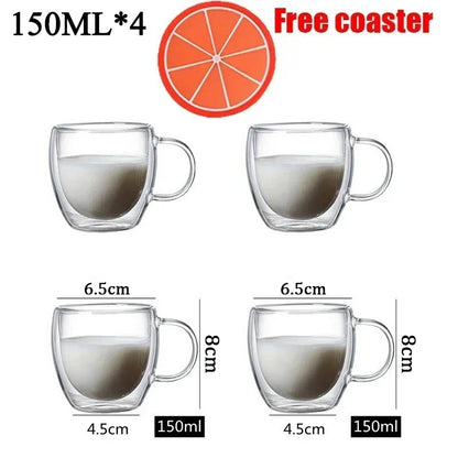 Caneca transparente de parede dupla 2-6 peças Copo de café e leite de vidro borossilicato alto resistente ao calor para casa e escritório
