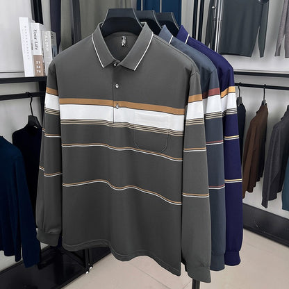 High quality stripe men's long sleeve polo shirt fashion luxury pocket middle-aged business casual color blocked comfort T-shirt