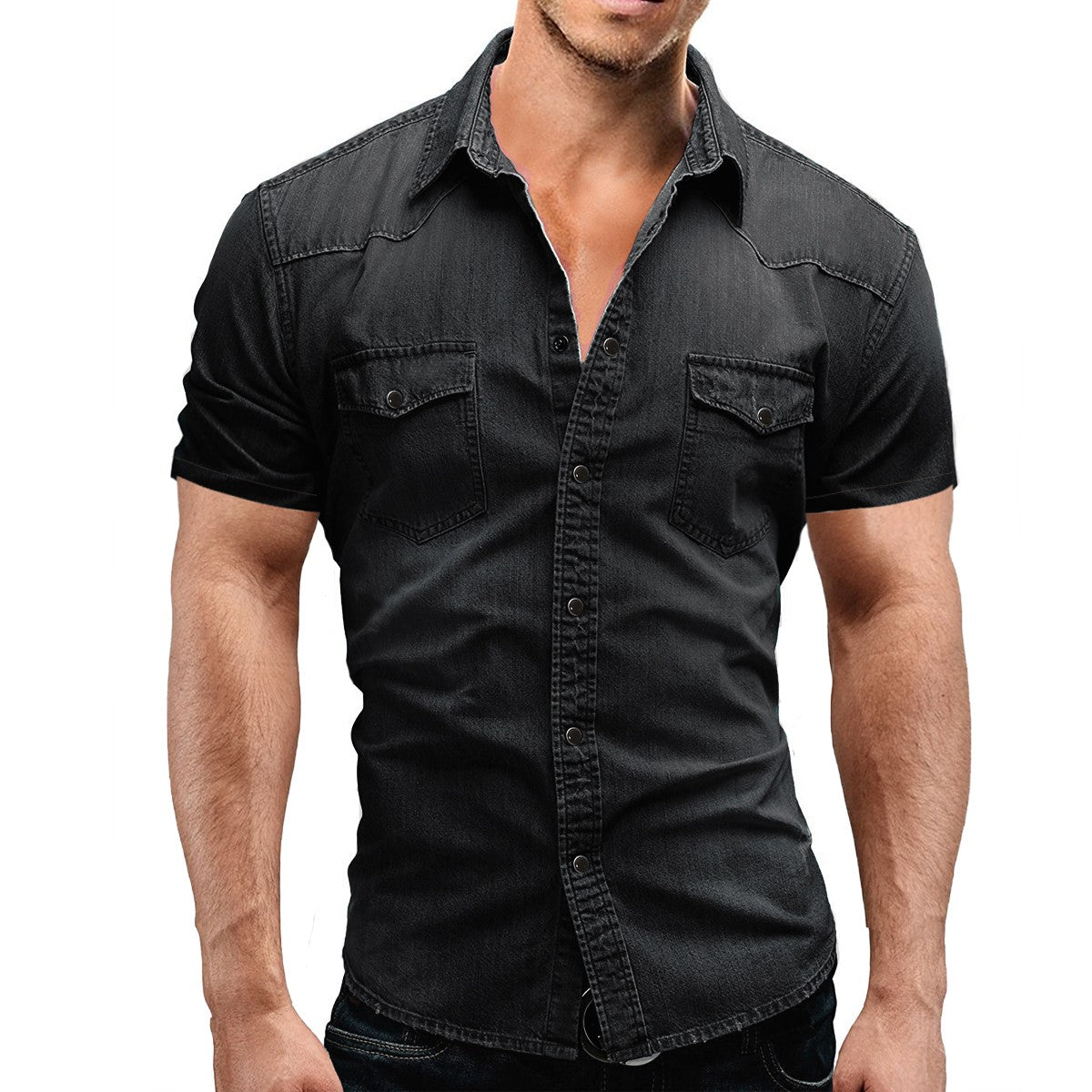 Men Summer Denim Thin Shirt Short Sleeve Soft Cotton Two Pockets Slim Slight Elastic Jeans Cowboy Shirt Clothing 2025