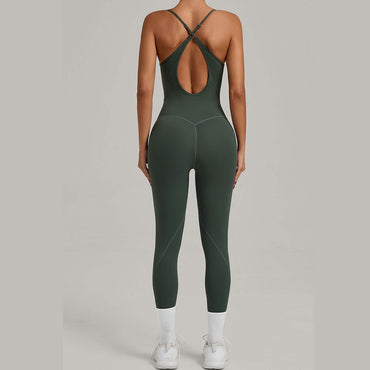JUREN Fitness Jumpsuit Women Tracksuit Sports Playsuit Running One Piece Yoga Suit Scrunch Backless Set Rompers Gym Clothes