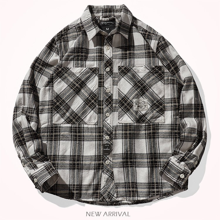 8112# Autumn New Japanese Retro Cargo Sueded Plaid Shirt Men's Fashion 100% Cotton Washed Old Pocket Long Sleeve Casual Blouses