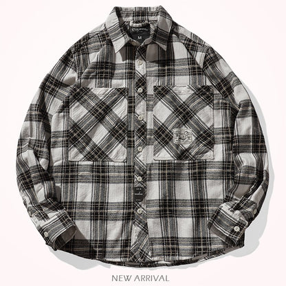 8112# Autumn New Japanese Retro Cargo Sueded Plaid Shirt Men's Fashion 100% Cotton Washed Old Pocket Long Sleeve Casual Blouses