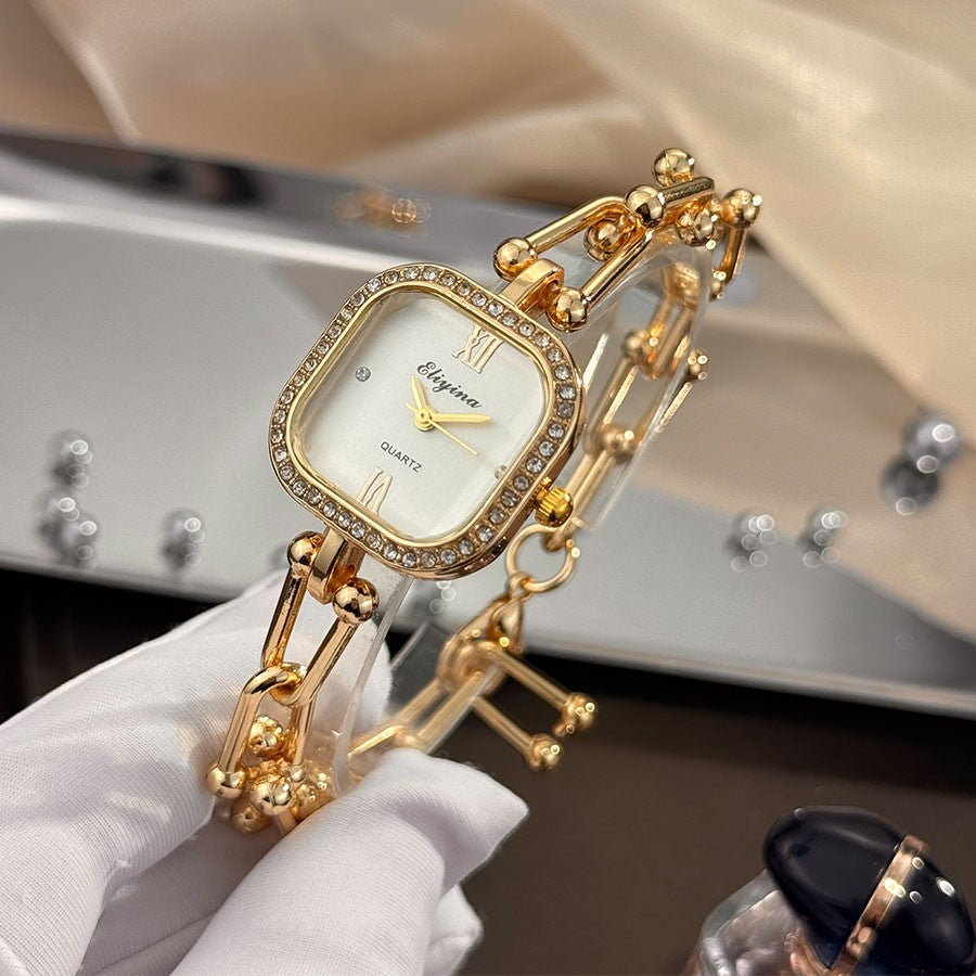 Luxury Minimalist Bracelet Watch Creative Square Multi-Faceted Glass Quartz Movement Chain Mid-century Small High-End Acces