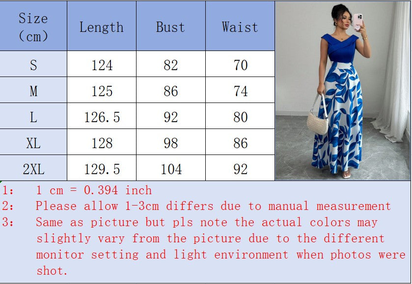 Women's Blue White Floral Maxi Dress Asymmetric Neckline Color Block Design Ideal for Evening Events Garden Parties Elegant Styl