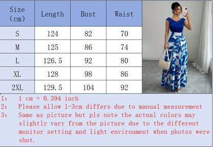Women's Blue White Floral Maxi Dress Asymmetric Neckline Color Block Design Ideal for Evening Events Garden Parties Elegant Styl