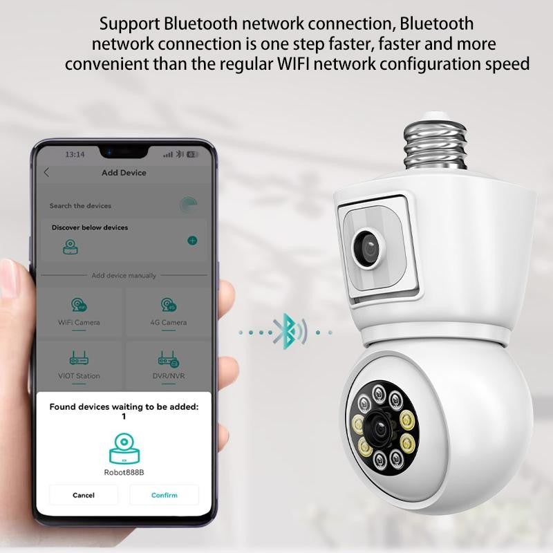 8MP E27 Bulb WiFi Camera 4K Dual Lens Dual Screen Cam Auto Tracking Two Way Audio Night Vision CCTV Security Protection ICSEE