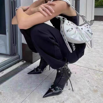 Autumn Winter Women Ankle Boots Sexy Pointed Toe Pole Dance High Heels Pumps Fashion Zip Rivet Chelsea Thin Shoes Female D171