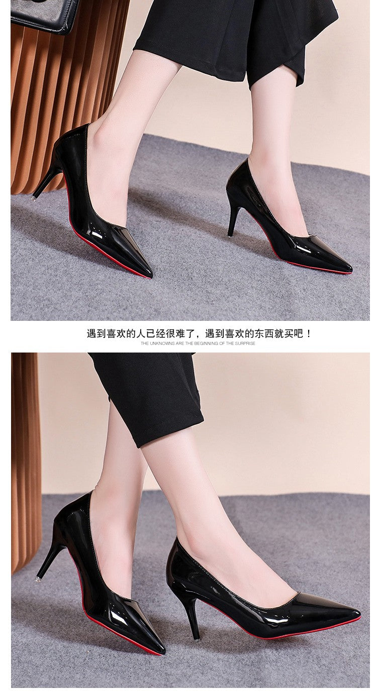 Sapatos de Salto Agulha Bico Fino de Couro Sintético Envernizado Sensuais, Sola Vermelha para Festa, Sapatos de Trabalho Pretos Clássicos para Meninas com Temperamento