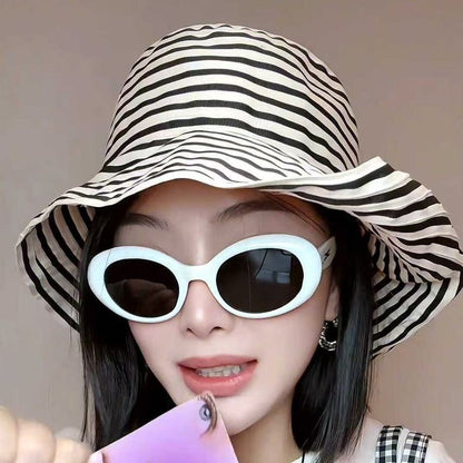 1Pcs Durable Sunproof Striped Bucket Hat Foldable Retro Summer Hat Big Head Circumference Fashion Sunscreen Basin Hat Women