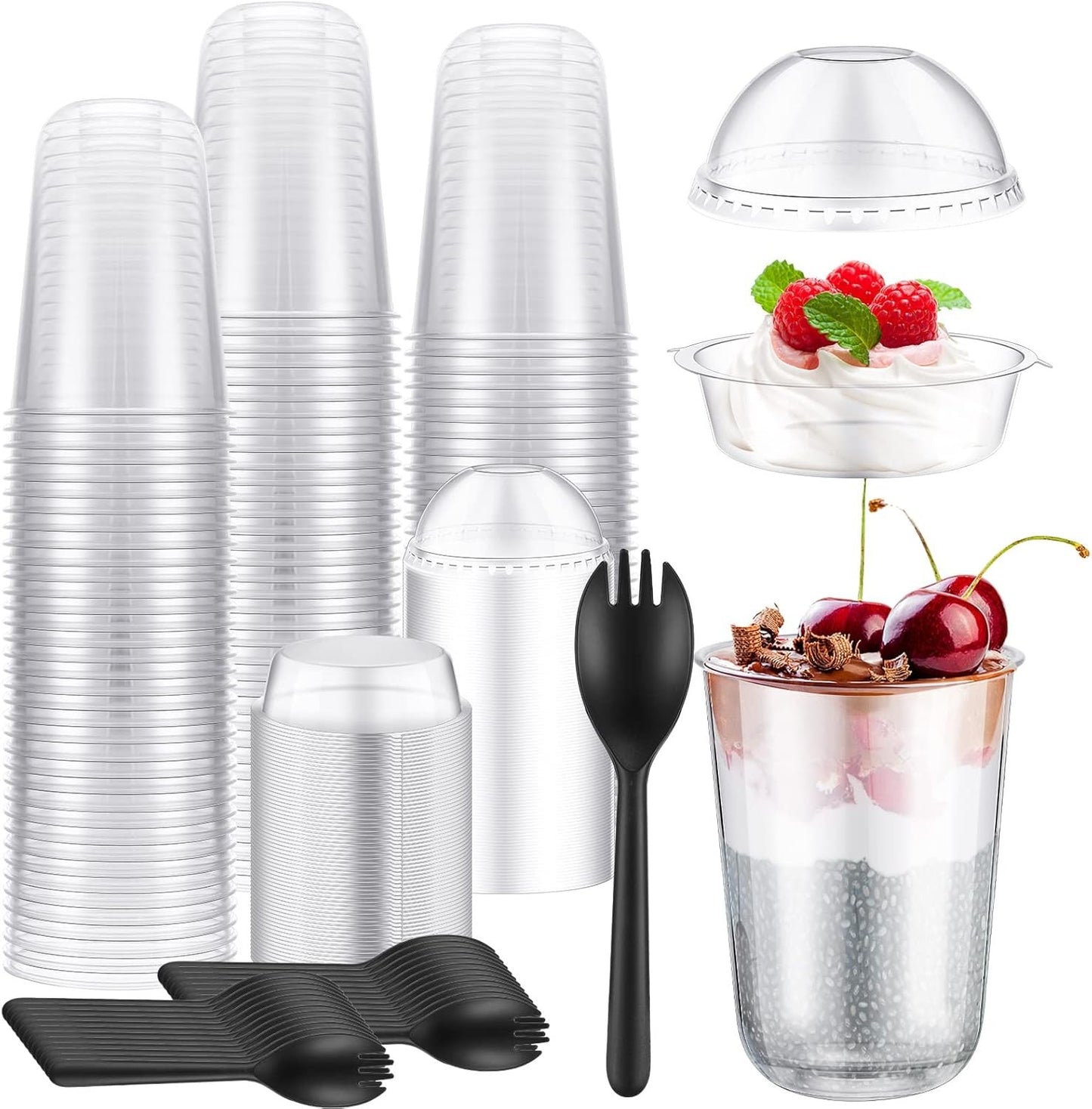 100 Conjuntos de Copos para Parfait de 470 ml com Tampas Cúpula - Copos de Plástico para Iogurte com Inserção sem Furo e Garfo/Colher - Copos Descartáveis para Sobremesa