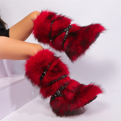 Winter Faux Fur Knee High Boots for Women - Comfy Plush Pull-On, Belt-Embellished Round Toe, Must-Have Trendy Pick for Party