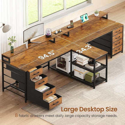 94.5" 2 Person Gaming Desk, Long Office Computer Desk with 8 Drawers & LED Lights, Two Person Desk with Storage, Power St