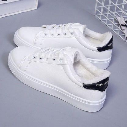 Tênis Feminino de Inverno, Quente, Pelúcia, Sola Vulcanizada, Plataforma, Algodão, Cadarço, Branco, Com Pelúcia, Casual