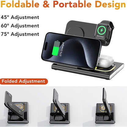 Carregador Sem Fio Dobrável 3 Em 1 De 300W Suporte Pad Estação De Carregamento Rápido De Mesa Para iPhone 16 15 14 13 Samsung Apple Watch Airpods