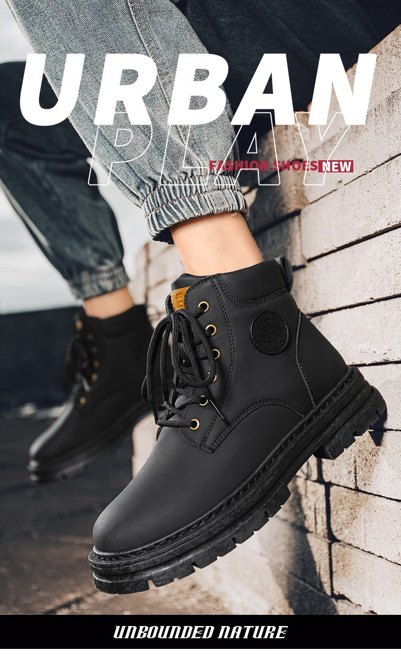 Botas masculinas de cano alto para as quatro estações, sapatos de trabalho ao ar livre antiderrapantes e confortáveis, botas amarelas de couro casuais britânicas da moda