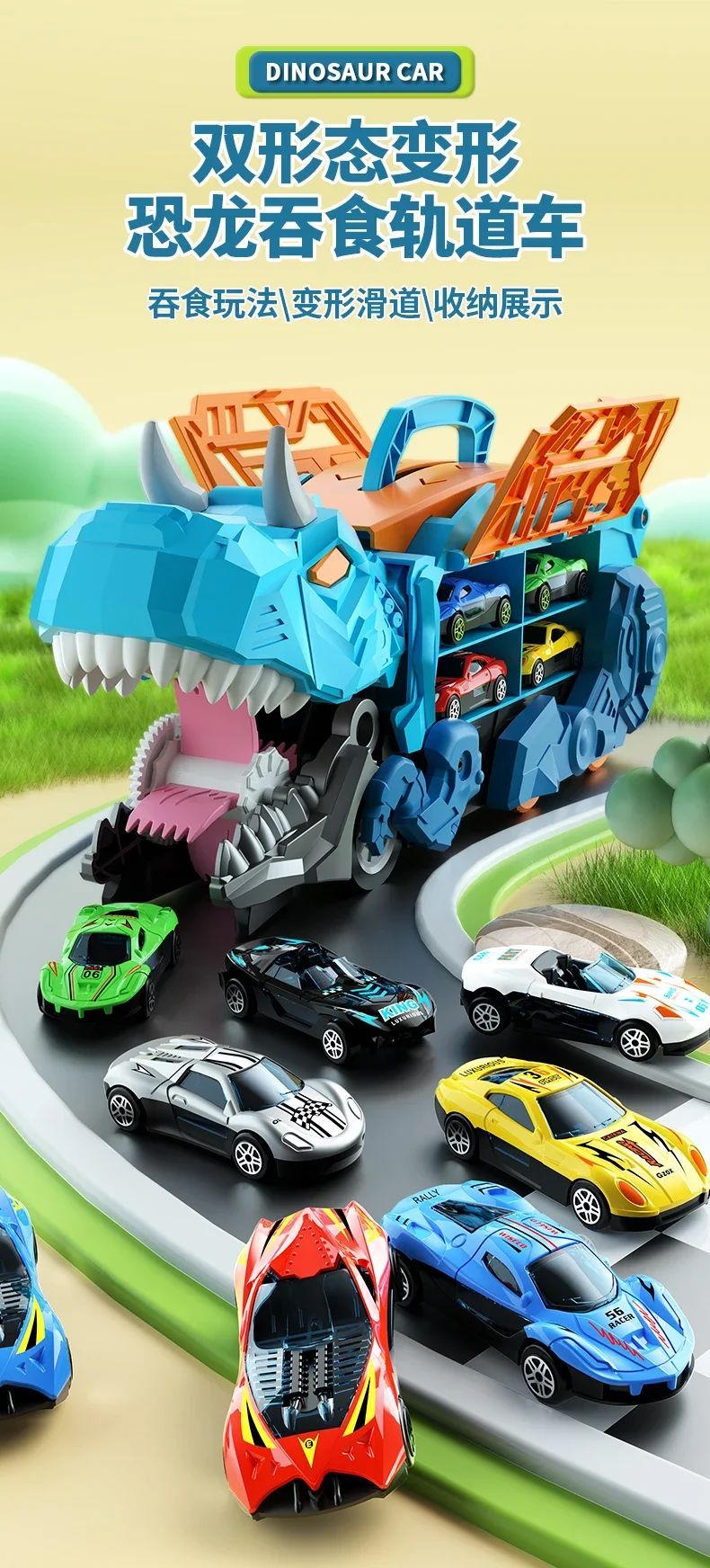 Brinquedo Dinossauro para Crianças Meninos de 3 a 5 Anos, Conjunto de Pista de Carros Caminhão Transportador de Dinossauros com Carrinhos Diecast que se Transformam em Dinossauros